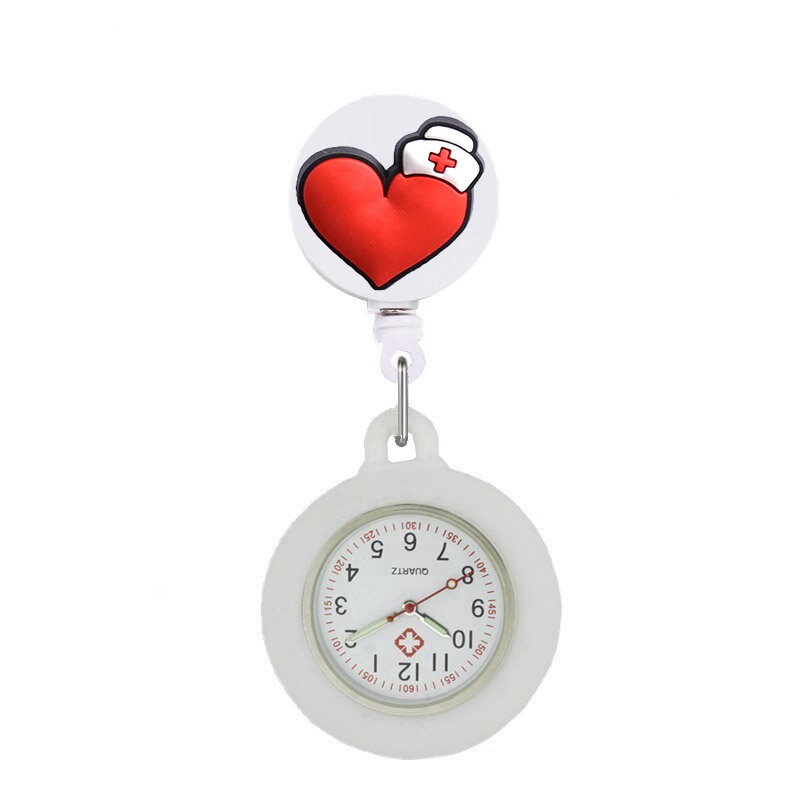 YiJia Jam Tangan Saku Perawat Hati Merah Kartun Gulungan Lencana Dapat Ditarik Reloj Lucu Medis dengan Casing Silikon