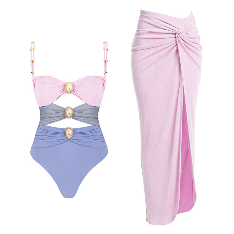 Bañador de una pieza para mujer, traje de baño de alta calidad con estampado dorado de realce, conjunto de Bikini, ropa de baño adelgazante para playa, 2024