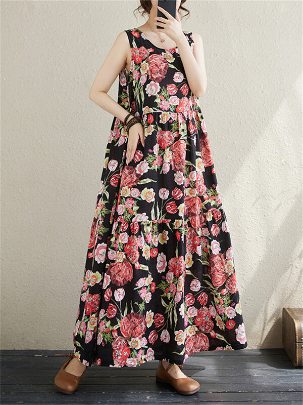 Baumwolle ärmellose Vintage-Print Kleider für Frauen 2024 neue Sommer lässig lose lange Kleid Femme Robe Vestidos Mode Kleidung