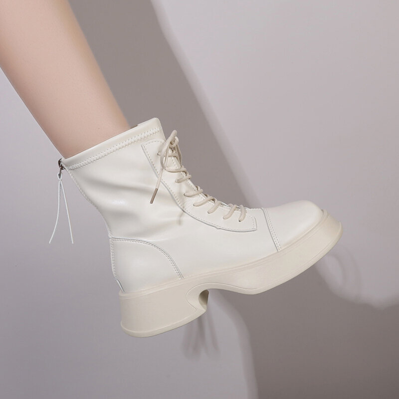 Botas femininas de PU, botas modernas de plataforma, laço para cima, zíper lateral, dedo do pé redondo, sapatos femininos versáteis, marca, 2023