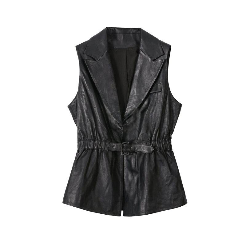 Women's Leather Vest, Female Waistcoat, Suit Collar, Nipped Waist, Sheepskin Tops, Belt, Slim Sleeveless Vest, Spring, Autumn