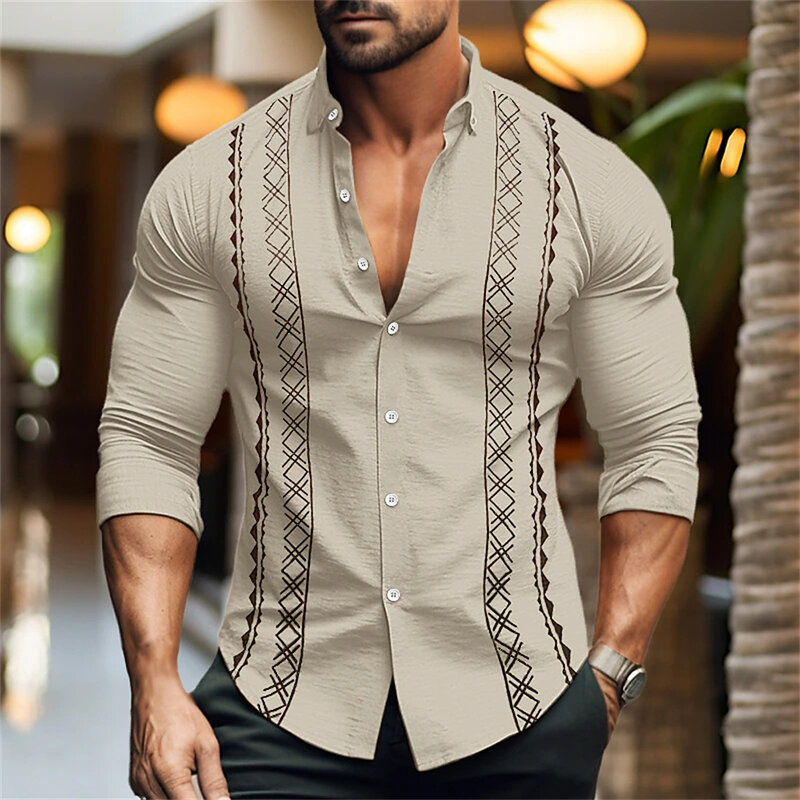 Camisa masculina impressa em 3D Patchwork Button Up Collar, havaiana Praia Férias Lazer Roupas de Manga Comprida, Moda Verão, Cor Sólida