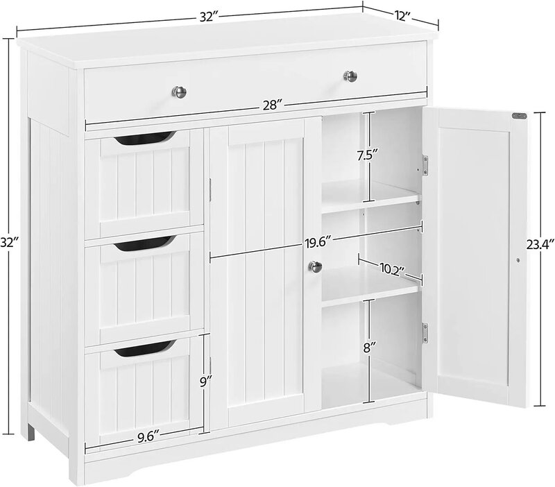 Wolnostojąca szafka podłogowa w łazience, praktyczna szafka do przechowywania z 4 szufladami i 2 drzwiami, do kuchni, do przedpokoju, salonu