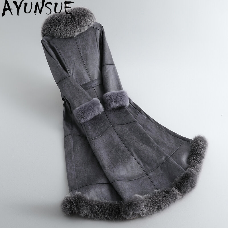 AYUNSUE Elegant Long Fur Coat for Women 2023 Autumn Winter Real Fur Coats Rabbit Fur Liner Slim Fur Jacket Fox Fur Collar Casaco