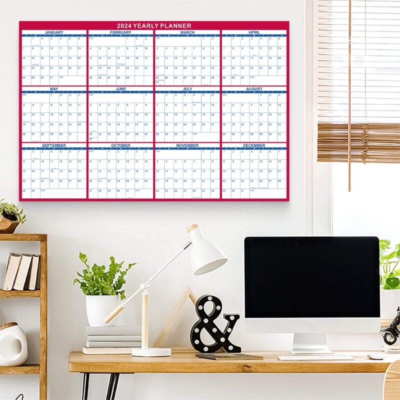 Ежегодный годовой планировщик на 12 месяцев на 2024 год. Настенный календарь для проекта школьного домашнего офиса.