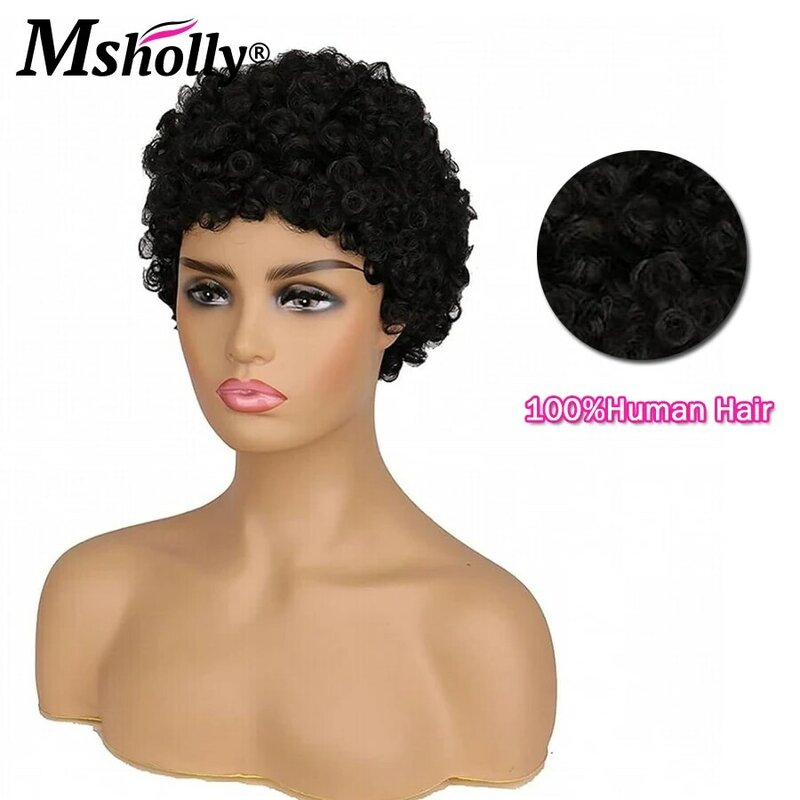 Krótki Afro peruki z perwersyjnym kręcone ludzkie włosy dla czarnych kobiet bezklejowe fryzura Pixie pełne peruki maszynowe 100% brazylijskie peruki z ludzkich włosów Remy