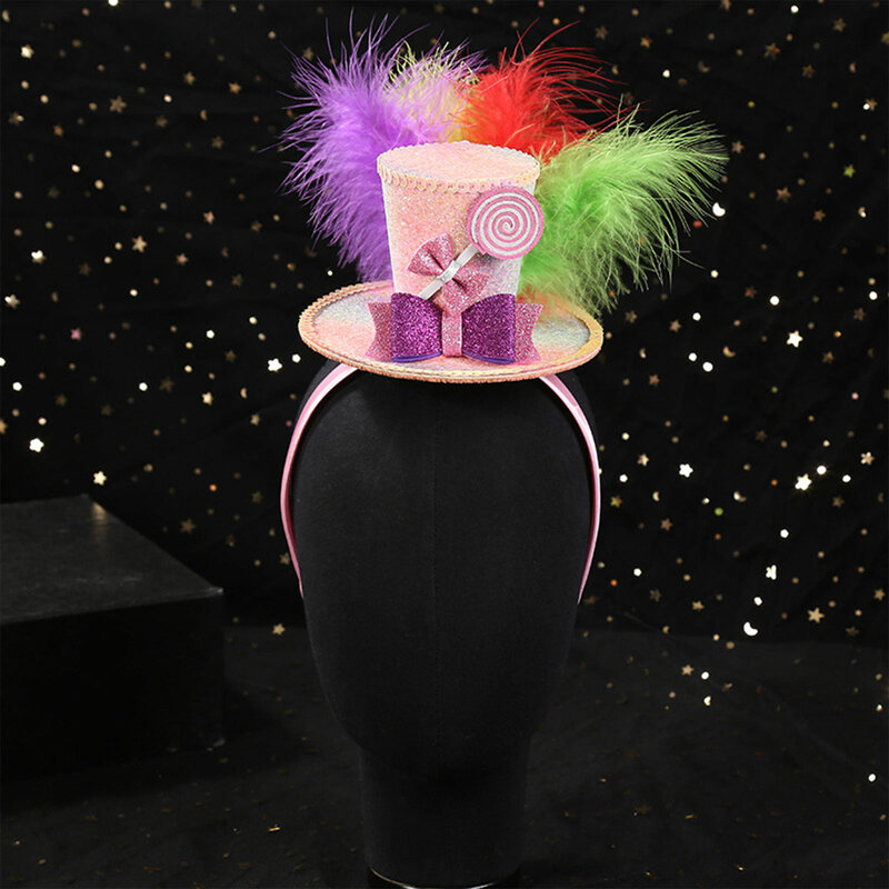 Mini sombrero de copa para mujer, gorros con lazo de plumas, Aro para el pelo, diadema para fiesta de cumpleaños, té, Carnaval, accesorios para el cabello de Carnaval