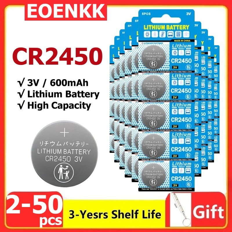 CR2450時計ボタン電池、リチウムコイン電池、kcr2450 5029lc、lm2450、dl2450、ecr2450、br2450、cr 2450、3v、600mah、2-50pcs