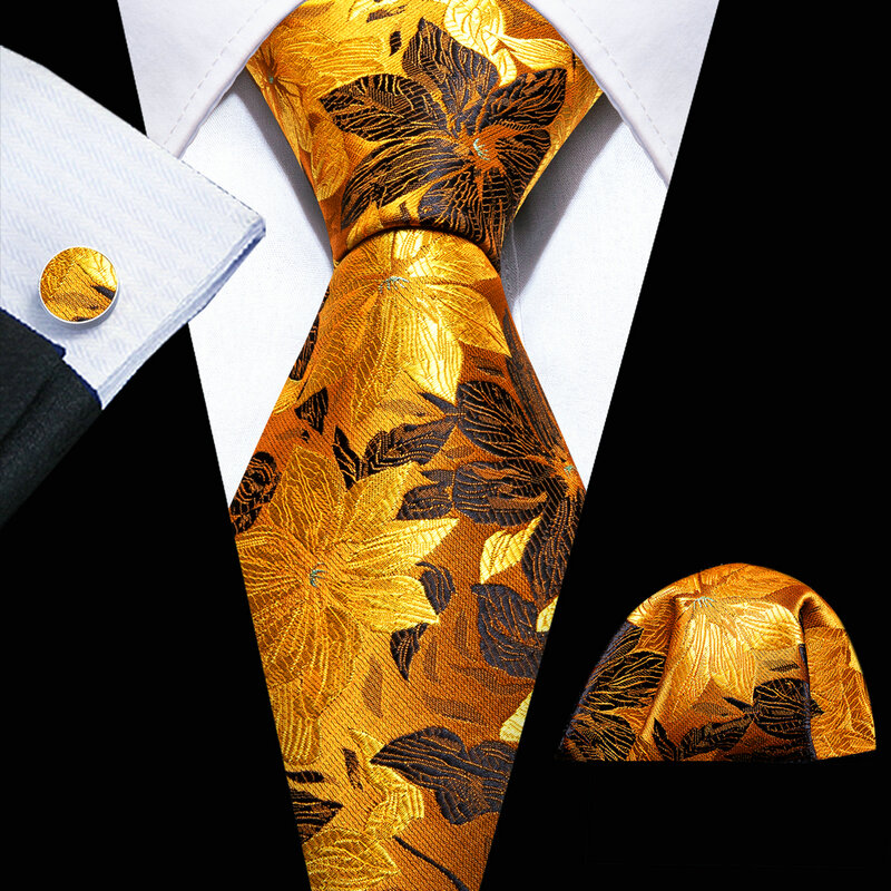 Elegant Mens Ties Gold Leaves Floral Silk Neck Tie Pocket Square Cufflinks Set Wedding Gift Free Shipping Barry·Wang 5966