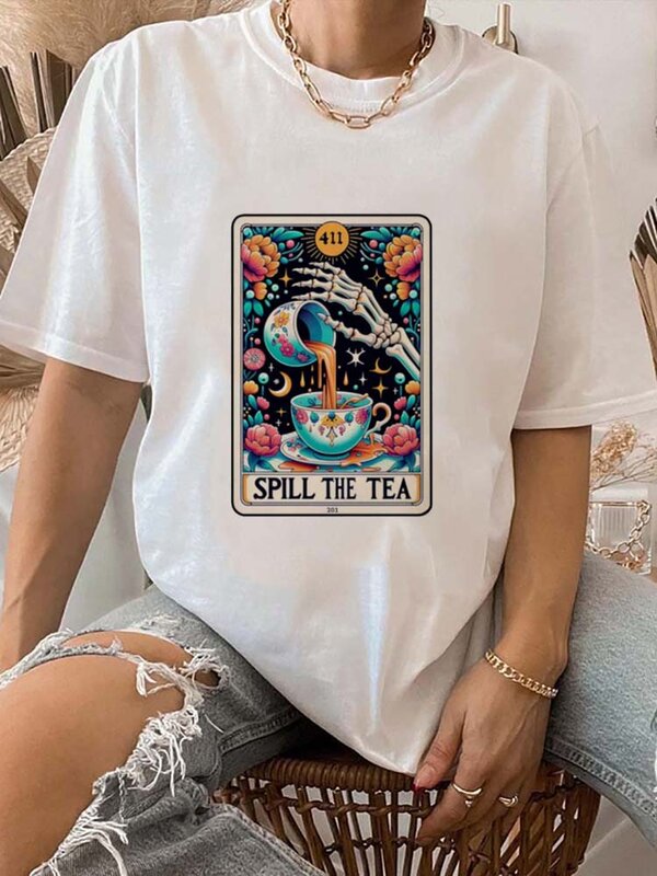 Rozlać herbatę w modnym stylu z nadrukiem z okrągłym dekoltem z krótkim rękawem Tarot koszulka markowa Top nadrukowany w stylu casualowym t-shirt z kreskówkowym nadrukiem.