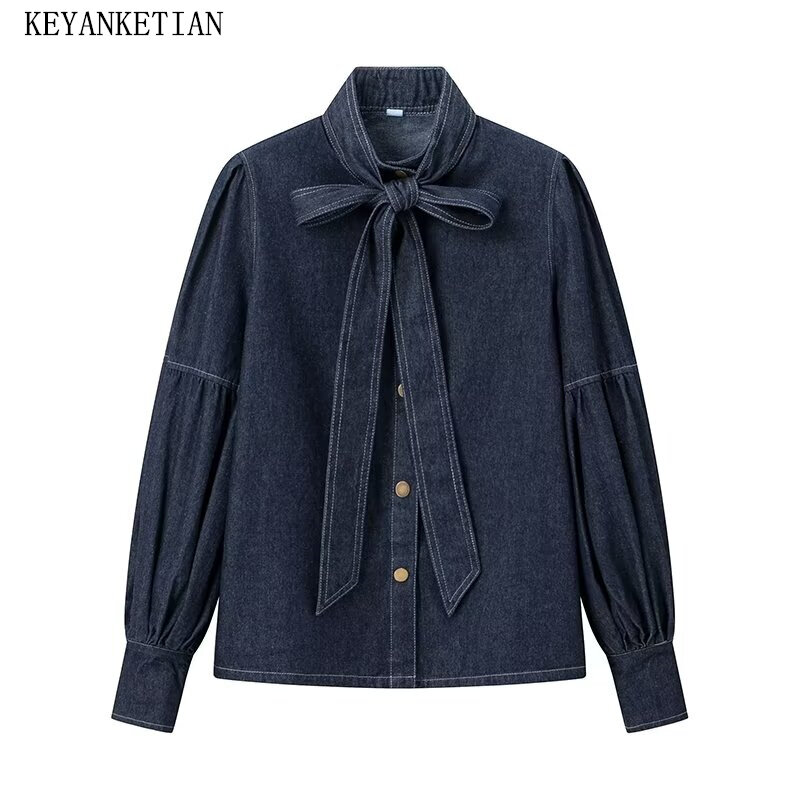 Keyanketian-Camisa jeans azul escuro feminina com decote simulado, blusa elegante com lanterna vintage manga solta, novo lançamento, 2022
