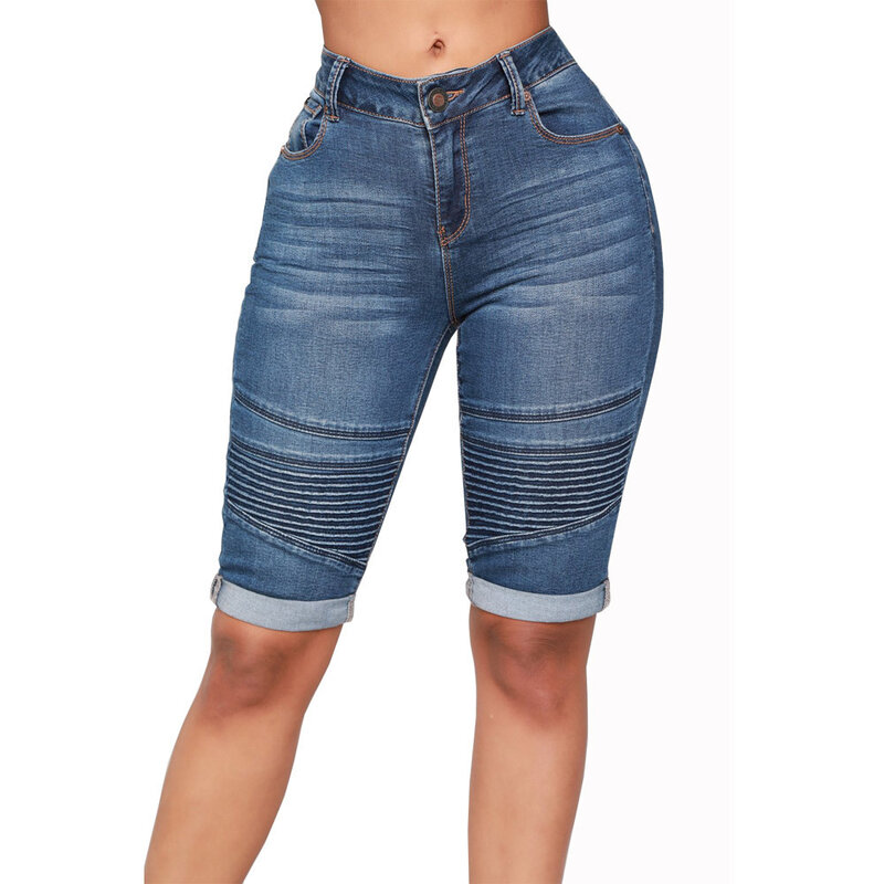 2023 letnie modne nowe ziarna casualowe jednolity kolor wysokiej talii damskie spodnie z nogawkami do polowy łydki jeansowe