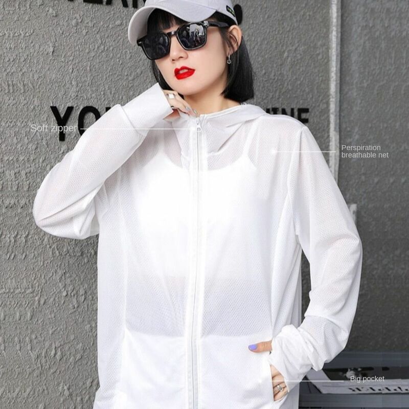Capuz protetor solar de mangas compridas feminino, jaqueta fina respirável, camisa de seda gelada, proteção UV, monocromática, verão
