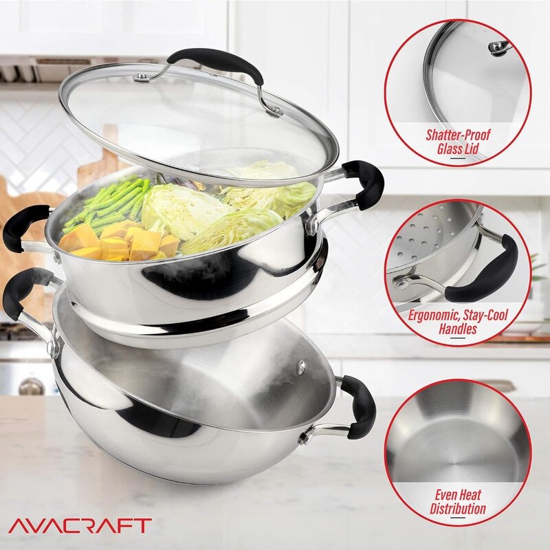 Avacraft-キッチン用ステンレススチーマー,ガラス蓋付きの鍋とフライパンのセット,誘導ポット,18, 10, 3個