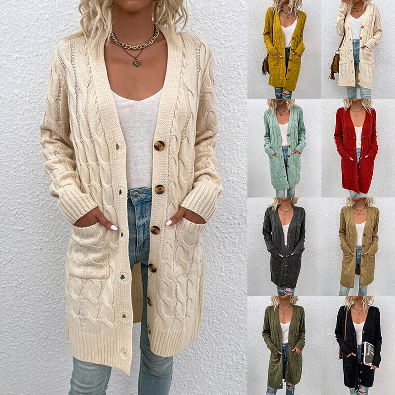 Cardigã feminino com padrão de corda de cânhamo, malhas finas, botão, manga comprida, bolso grande, suéter quente, moda outono, inverno, nova