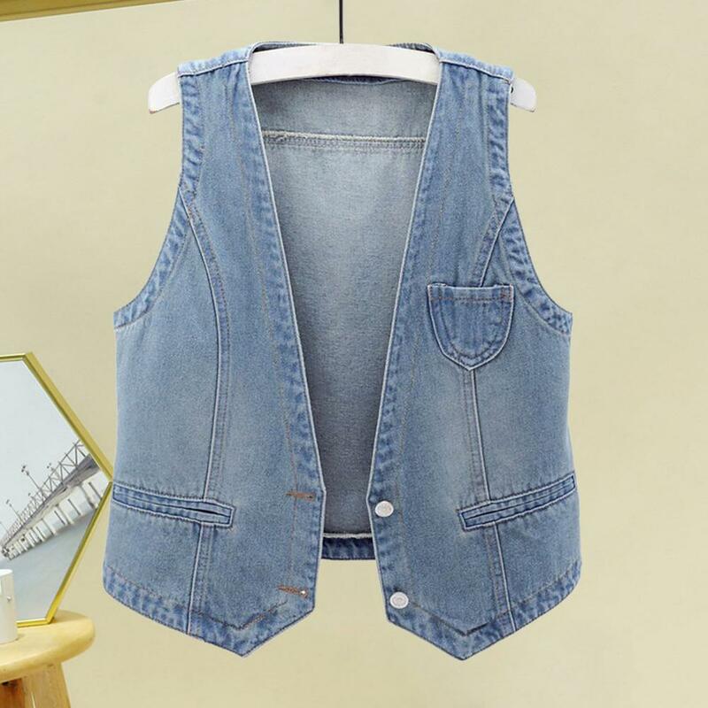 Women Waistcoat Vintage Denim Vest with V Neck Double Buttons for Women Hop Streetwear Waistcoat for Fall Spring Fashion Ladies
