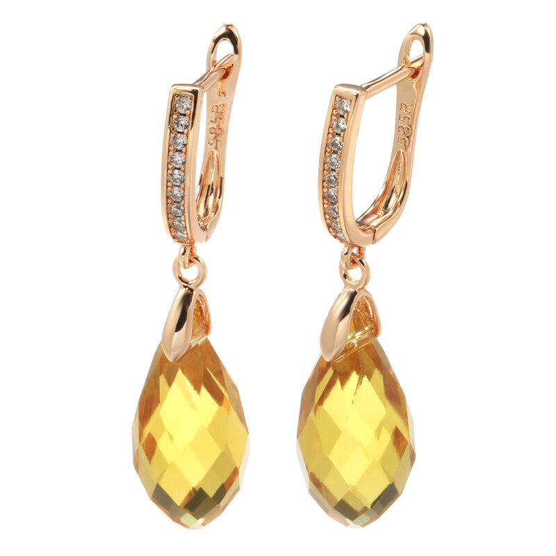 SYOUJYO Luxury Shiny Pendant Earrings 585 Rose Gold Color Natural Yellow Water Drop Zircon Inlay Wedding Party Fashion Jewelry