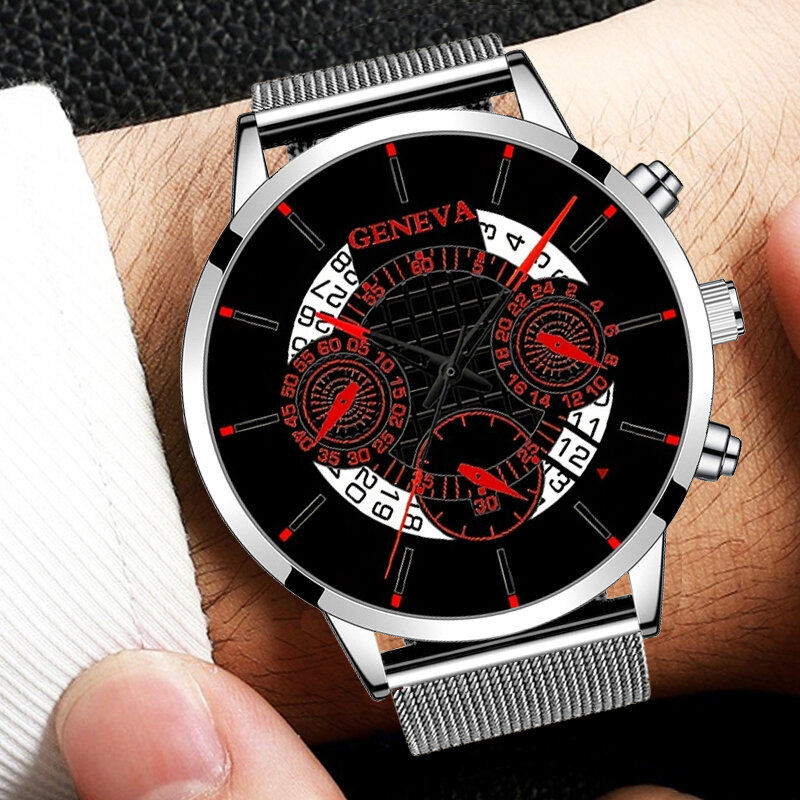 3PCS Set Fashion Mens Calendar Watches Men Business Bracelet Wings Necklace Stainless Steel Mesh Belt Quartz Wrist Watch
