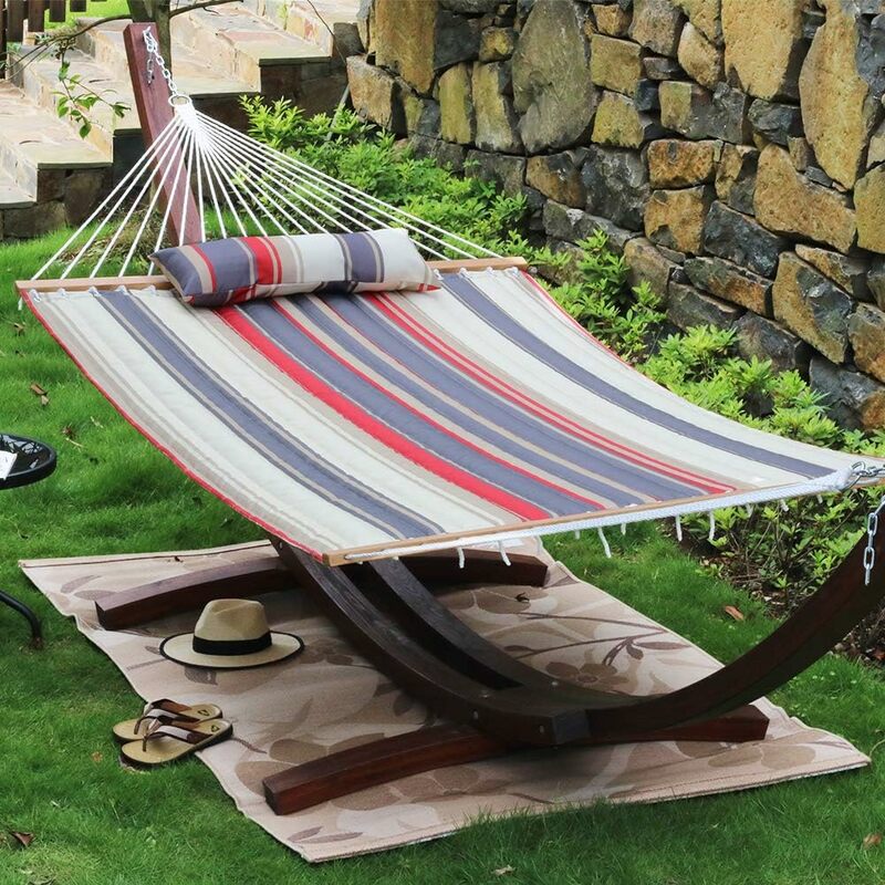 Quilted Fabric Double Hammock with Pillow, Heavy Duty Hardwood Spreader Bar, Hammocks for Outside, 450-pound Capacity