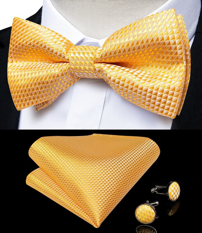 DiBanGu faja a cuadros amarilla para hombre, cinturilla elástica de moda para fiesta de boda, pajarita preatada, gemelos de cinturón ancho Formal