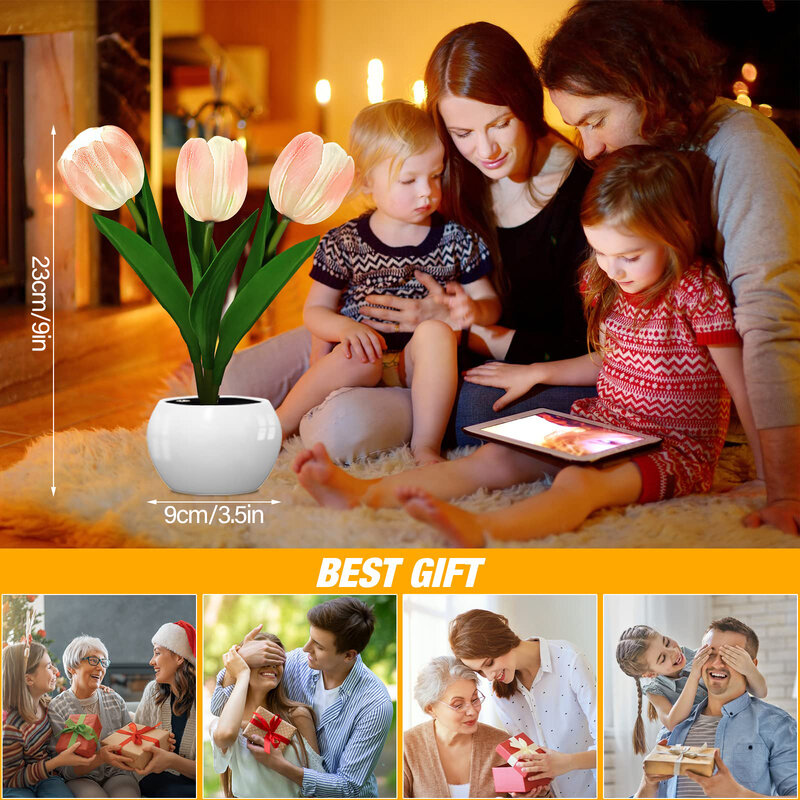 Lámpara de mesa LED de tulipán para decoración del hogar, luz nocturna de simulación de flores, lámpara de ambiente, regalo romántico en maceta para oficina/habitación/Bar/cafetería