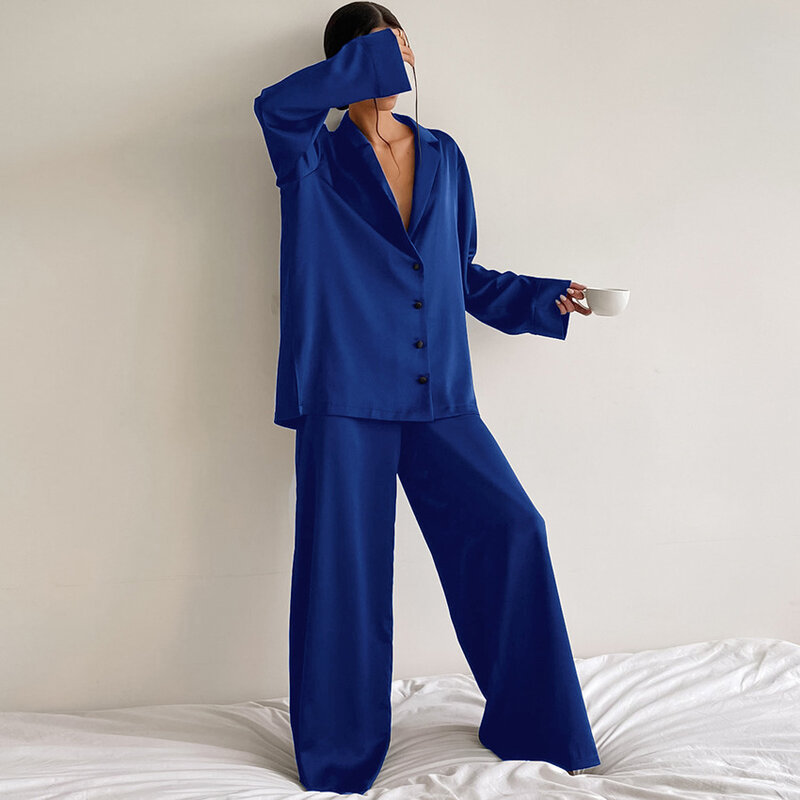 TXii Oversized Satin Silk Sleepwear Low Cut Sexy Pajamas For Women Single-Breasted Long Sleeves Wide Leg Pants Trouser Suits