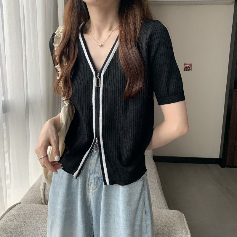 Women's V-Neck Ice Silk Tops Female Summer Short Sleeved Sun Protection Knitted T-Shirt Top Knitted Sweaters Pullovers Q467