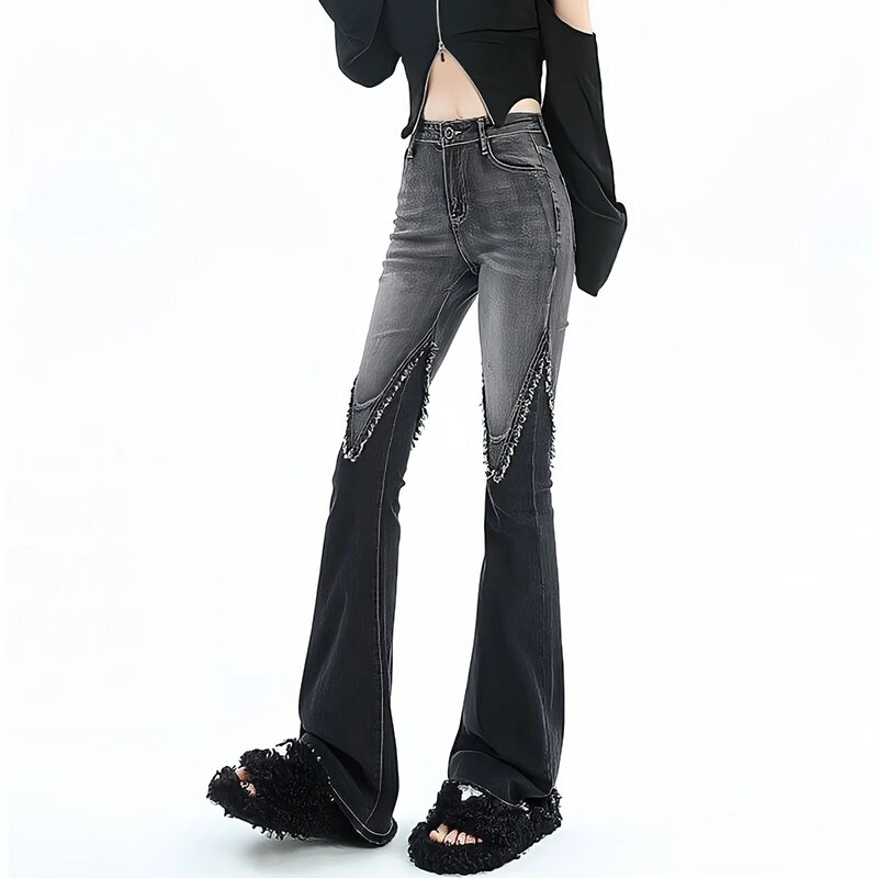 Streetwear Y2k Jeans Wanita 90S Antik Grunge Punk Mode Korea Pinggang Tinggi Disikat Celana Denim Hitam Lebar Kaki Menyala
