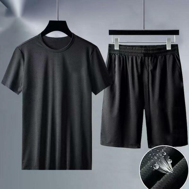 Conjunto de camiseta esportiva casual masculina, com decote em O, calção de perna larga, cor sólida, seda gelada, ajuste solto, verão