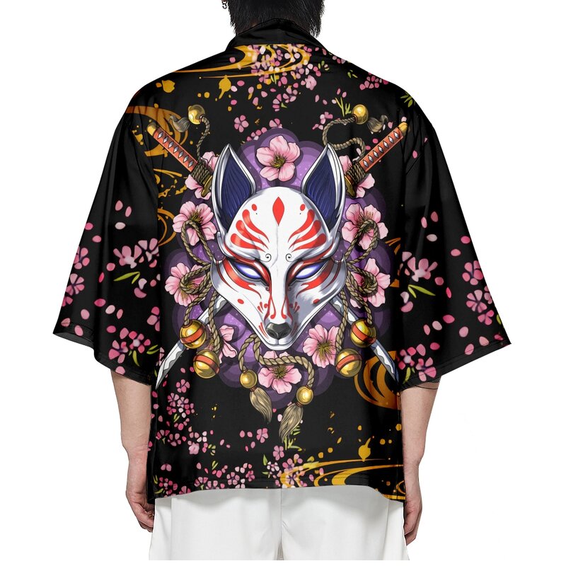 Kimono imprimé épée de renard samouraï pour hommes et femmes, cardigan, robe Harajuku, streetwear, mode japonaise, Haori entreMi, grande taille, 4XL, 5XL, 6XL