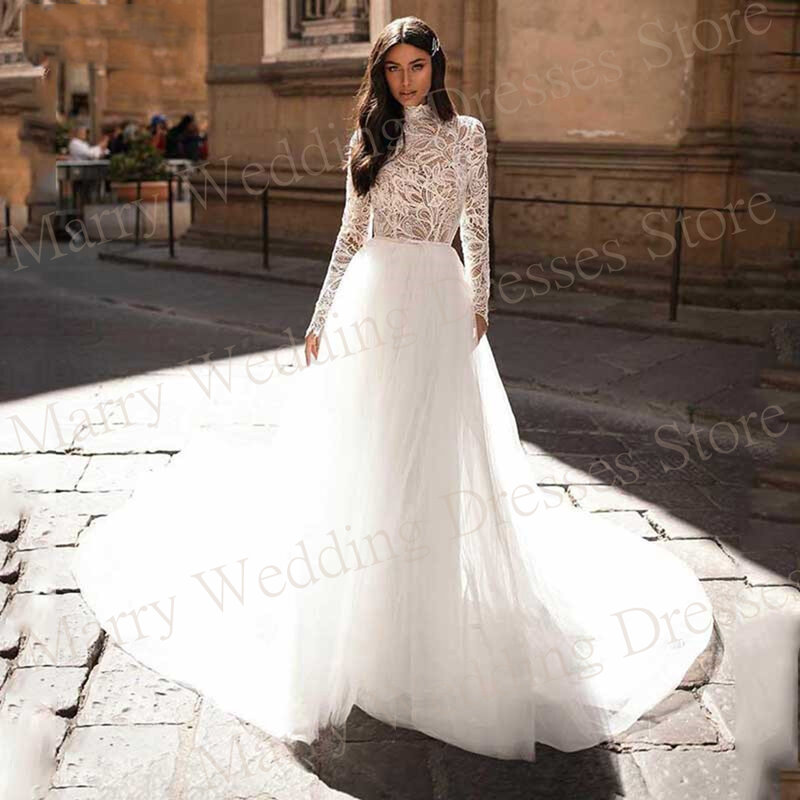 Anggun indah A Line wanita gaun pernikahan Modern applique renda gaun pengantin baru tinggi leher lengan panjang Vestidos De Novias