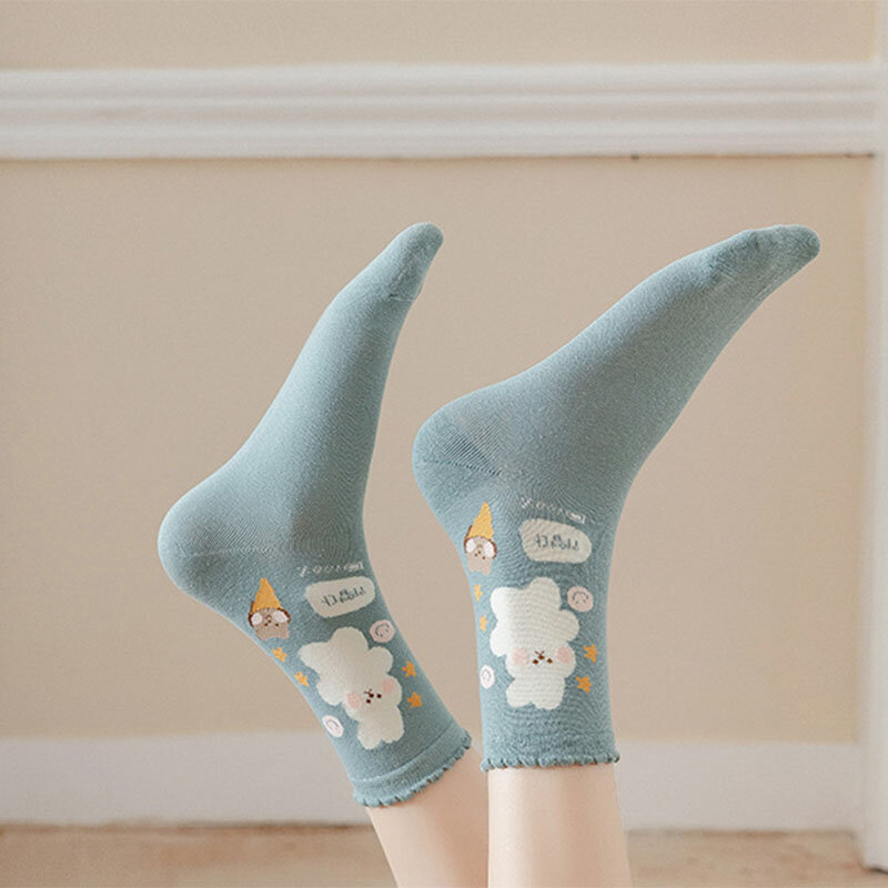 New socks female personality cartoon flowers ladies mid-tube socks college style fashion trend cotton socks