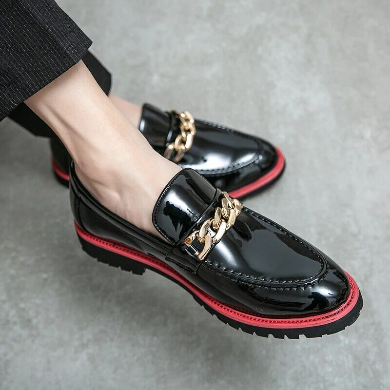 Sapatos de couro lefu em laca redonda masculinos, fivela de metal, sapatos casuais de negócios, preto, vermelho, tamanho 38-48, na moda