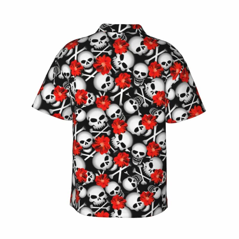 슈가 스컬 비치 셔츠, 붉은 꽃 프린트, 하와이 캐주얼 셔츠, 남성 우아한 블라우스, 반팔 스트리트웨어, 맞춤형 DIY 의류
