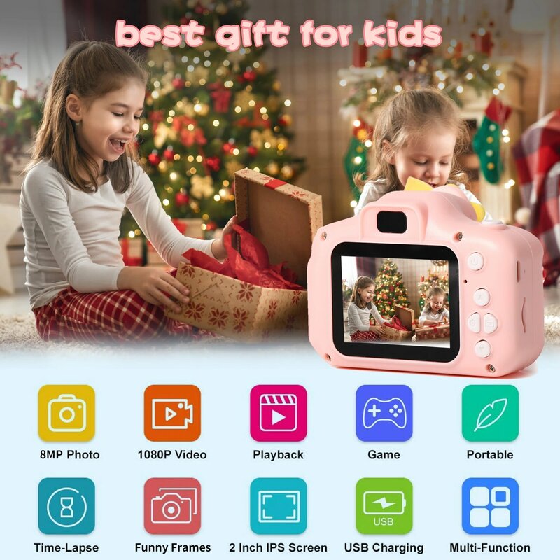 Mainan kamera anak, mainan kamera anak-anak Mini 8MP layar HD 1080P, kamera Digital, foto Video, hadiah ulang tahun Natal