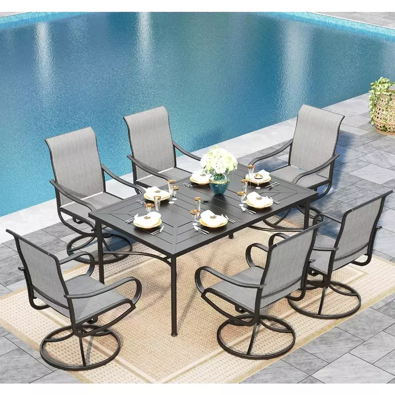 Outdoor Furniture Dining Set, Mesa de Pátio e Cadeiras, 6 Swivel Patio Dining Chairs, Frete Grátis, 7 Pcs