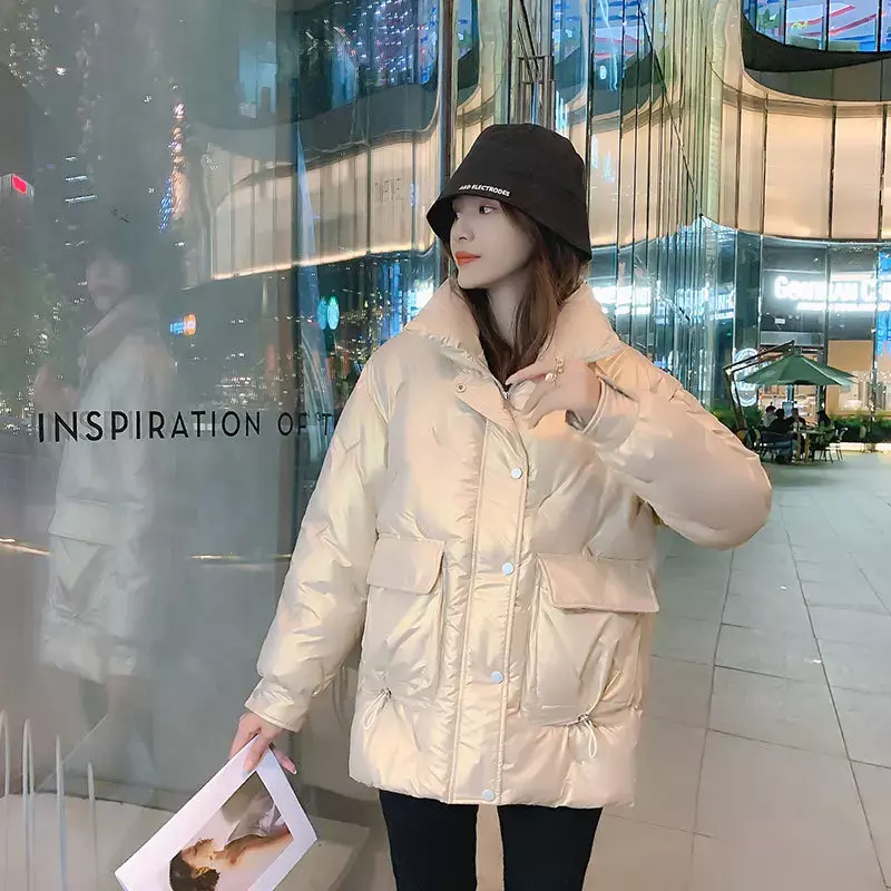 女性のカジュアルなルーズフィットジャケット,無地,スタンドカラー,光沢のある,厚い,韓国のファッション,冬,2024