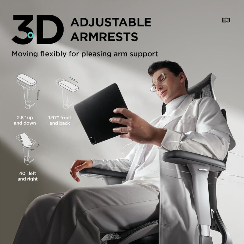 E3 kursi kantor ergonomis dengan penyangga pinggang dinamis, sandaran kepala 3D dapat diatur untuk kursi kantor rumah, sandaran tangan 3D dapat disetel