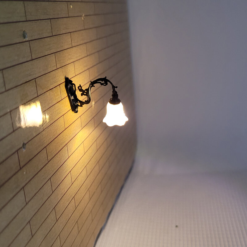 1/87 HO Scale 클래식 월 마운트 구즈넥 램프 가로등 모델 철도 공원 램프 만들기 따뜻한/차가운 흰색 조명