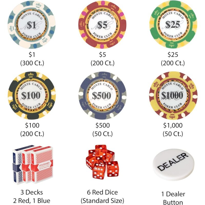 Brybelly 14 Gram 1000 liczy zestaw do gry w pokera-Monte Carlo - 14G gliniane kompozytowe chipy z aluminiowa obudowa, kartami do gry, przyciskiem dealera