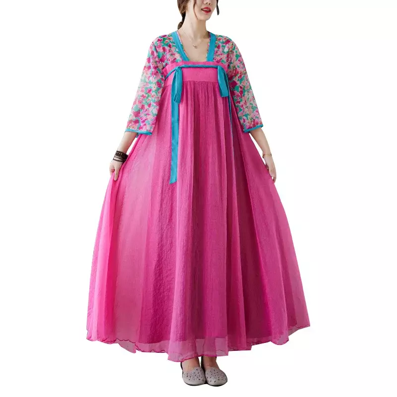 Vestido grande e longo estilo chinês feminino, terno han melhorado, estilo nacional, retrô, grande, verão, 2023