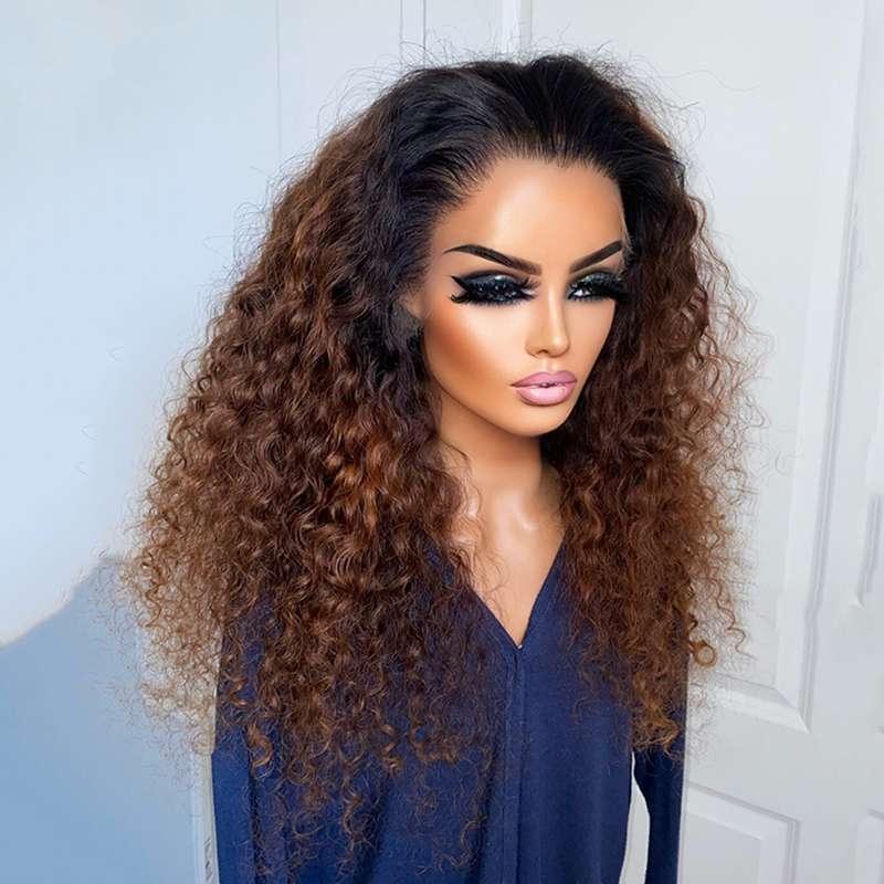 Preplucked 26“ Long Ombre Brown 180%Density Glueless Kinky Curly Lace Front Wig With BabyHair Heat Temperature Daily Cosplay