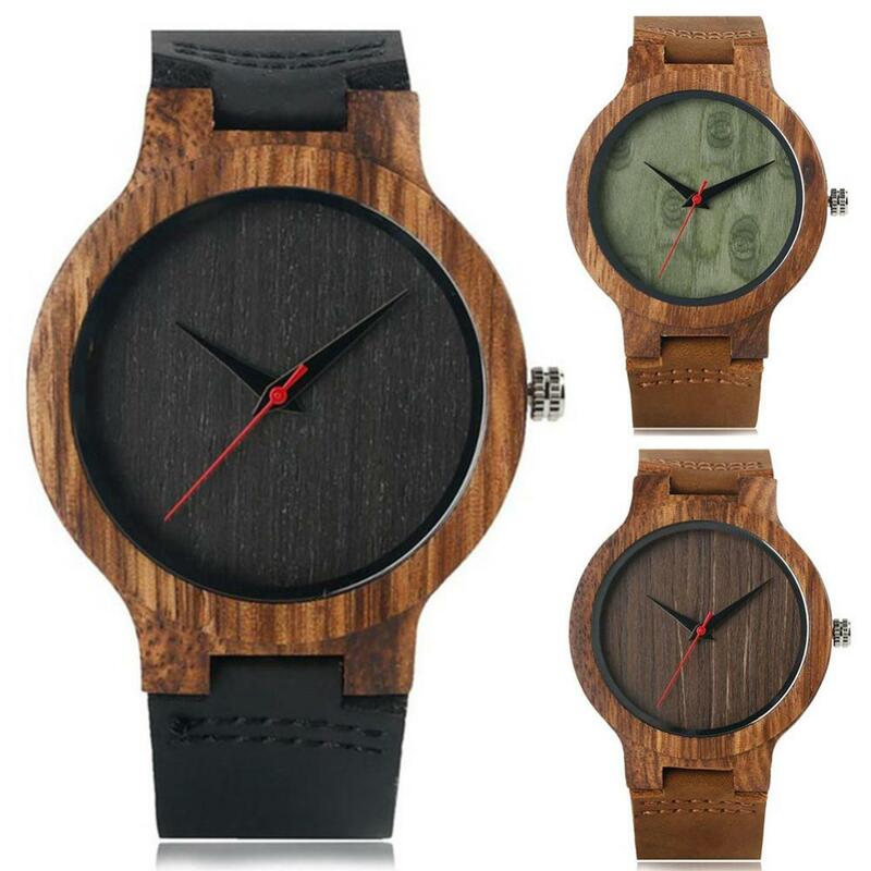Relógio de couro genuíno com mostrador para homens e mulheres, madeira de bambu natural, relógio unisex, top gift
