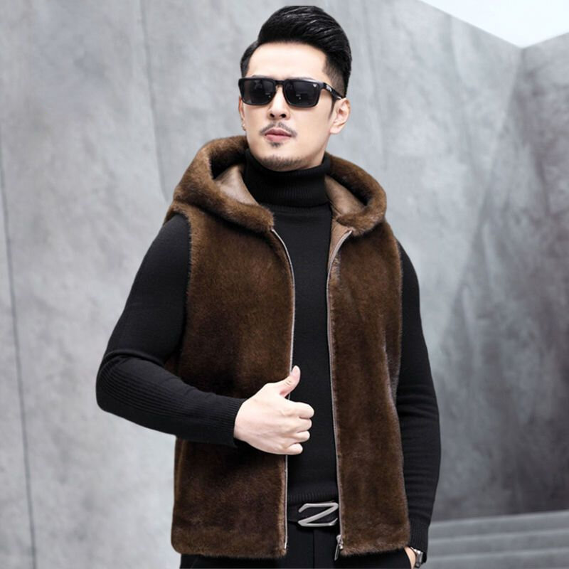 Men 2022 Autumn Winter New Genuine Fur Warm Vest Male Real Fur Sleeveless Coats Men Solid Color Hooded Vest Jackets V01
