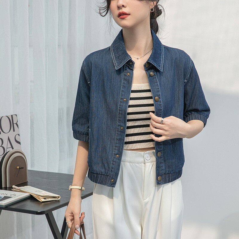 Frauen lässig Jeans hemd Neuankömmling Sommer koreanischen Stil Turn-Down-Kragen lose weibliche Halbarm Tops Shirts w1758