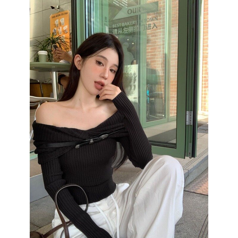 Moda donna pullover Top Y2K maglioni a coste Slash Neck American Retro Solid Chic Streetwear Ins manica lunga coreano Basic Tee