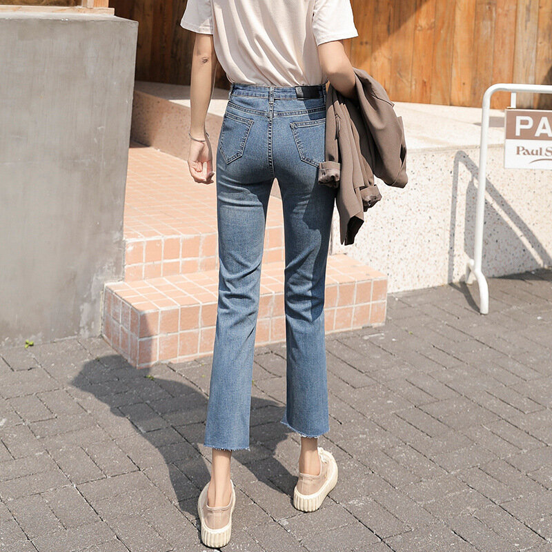 Женские прямые джинсы до щиколотки, синие прямые джинсы с бахромой и высокой талией, Размеры 26-31