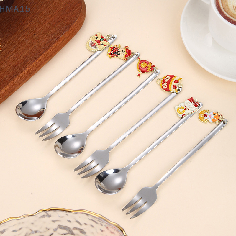 New Year Gift Cutlery Stainless Steel Spoon Fork Dragon Decoration Dessert Spoon Fruit Fork Coffee Spoon Cutlery Gift
