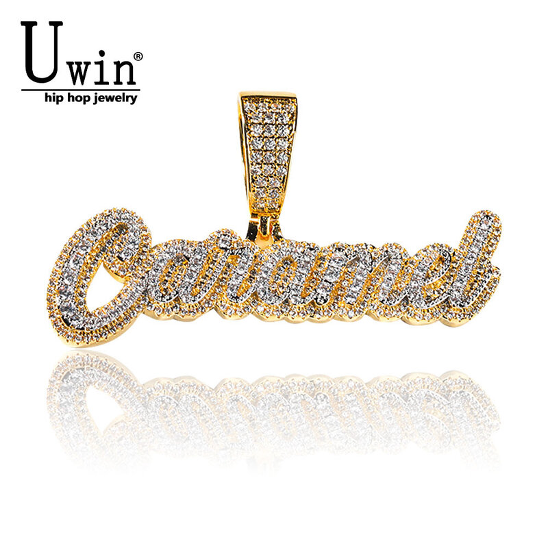 UWIN Kustom 2 Lapisan Kursif Huruf Liontin Bulat CZ Batu Nama Kalung Personalisasi Mode HipHop Perhiasan untuk Hadiah