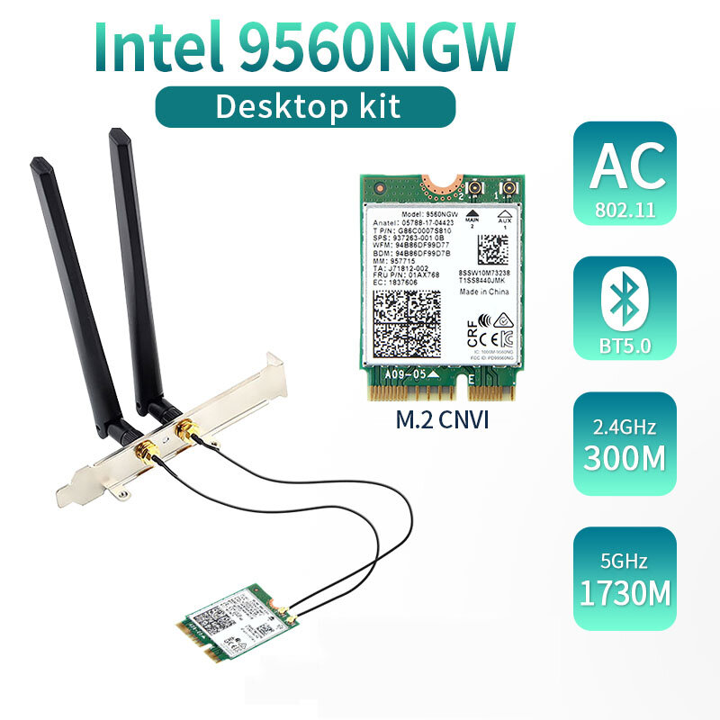Kit de antena WiFi 9560NGW, banda Dual, 2,4G/5Ghz, Bluetooth 5,0, inalámbrico, 802.11AC, M.2, CNVI, para Intel 9560, adaptador de tarjeta WiFi